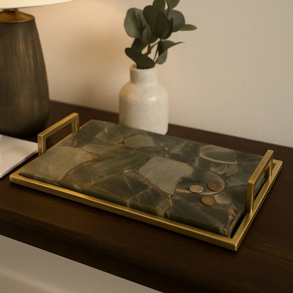 Decorative Tray - Green Agate with Metal Sides, 23 in.
