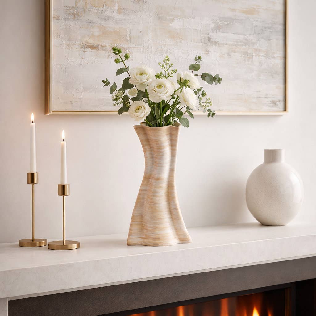 Decorative Vase - Tan Porcelain 3D Printed Textured, 12 in.