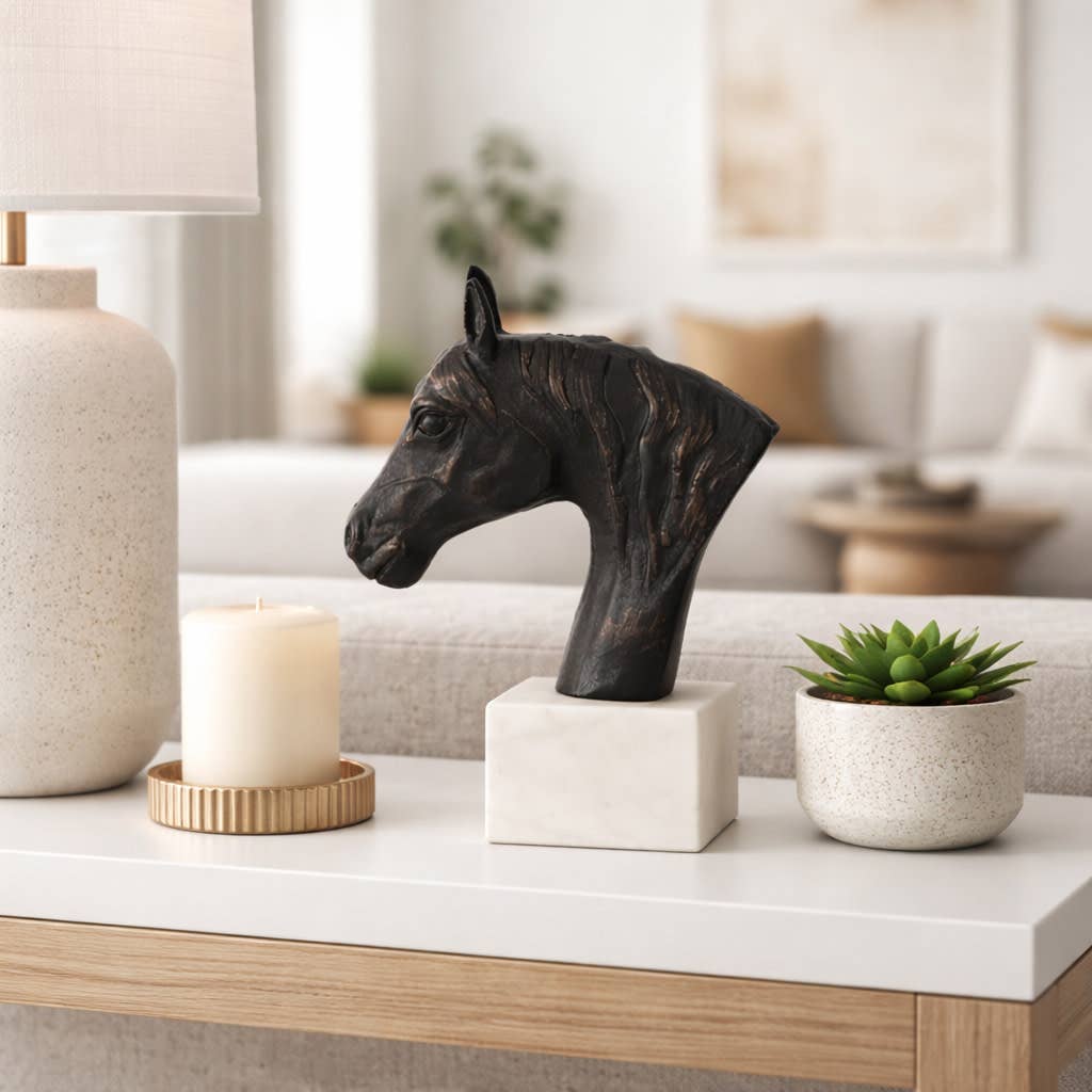 Decorative Figurine - Black Metal Textured Horse Head, 9 in.