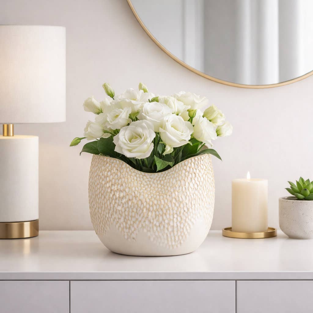 Decorative Vase - Cream Earthenware Textured Oval, 8 in.