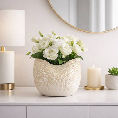 Decorative Vase - Cream Earthenware Textured Oval, 8 in.
