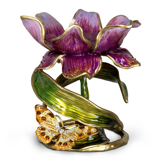 Jay Strongwater Aimee Floral 7" Brocade Pillar Candle Holder, Swarovski Crystal Enamel Gold-Finished