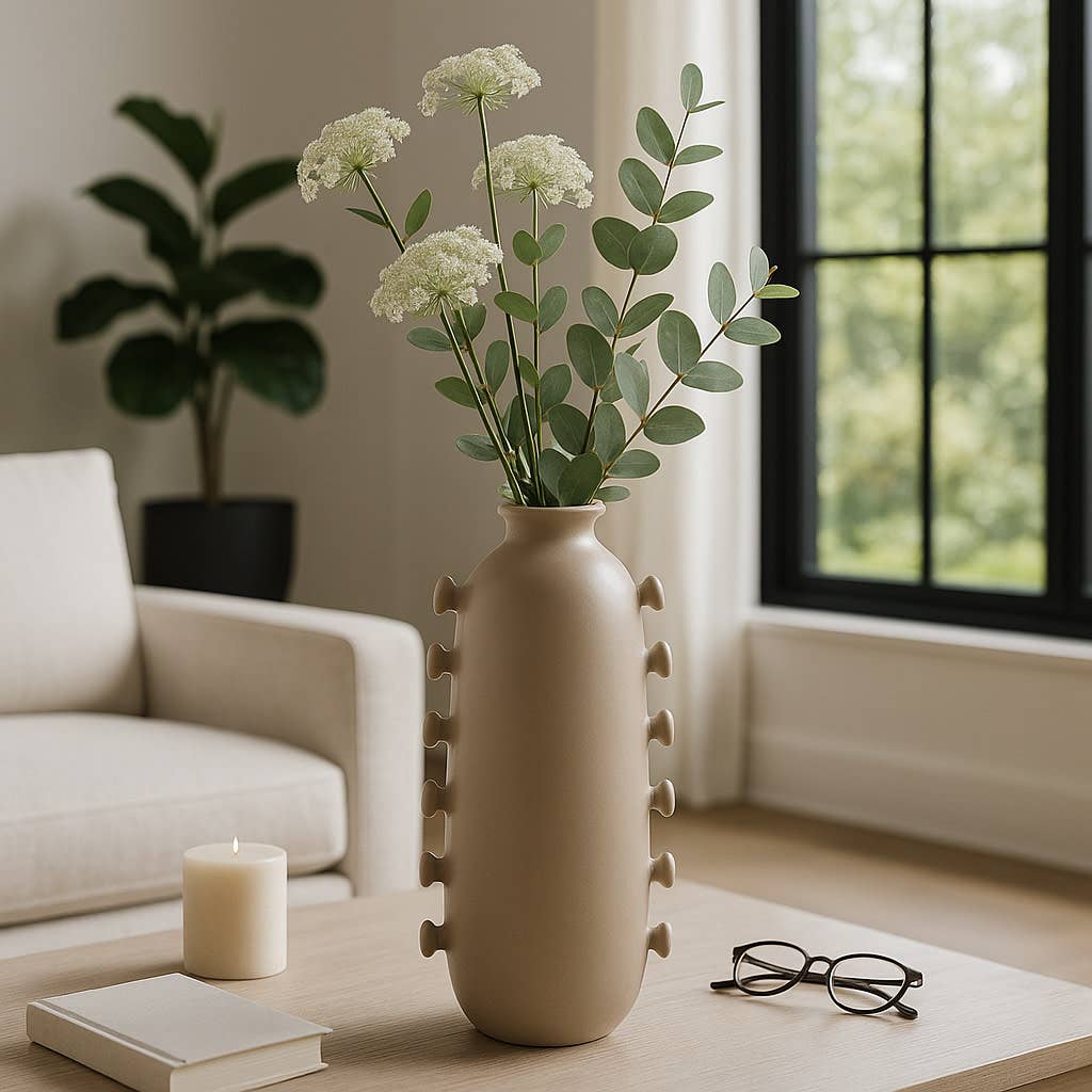 Decorative Vase - Tan Ceramic with Side Detailing, 18 in.