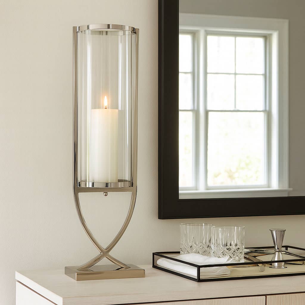 Candle Holder – Silver Metal Glass Cylindrical Pillar, 31 Inch