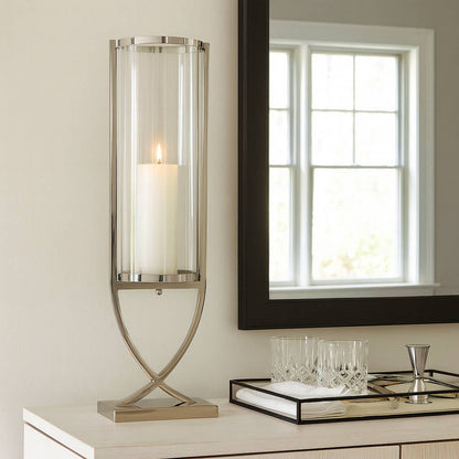 Candle Holder – Silver Metal Glass Cylindrical Pillar, 31 Inch