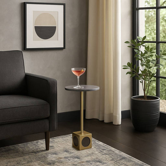 Side Table - Gray Marble Top Gold Metal Cube Base, 24 in.