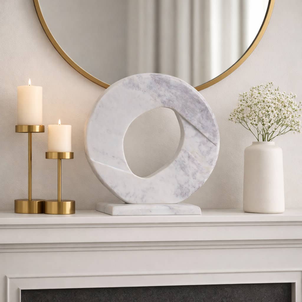 Decorative Sculpture - White Marble Carved Ring, 17 in.