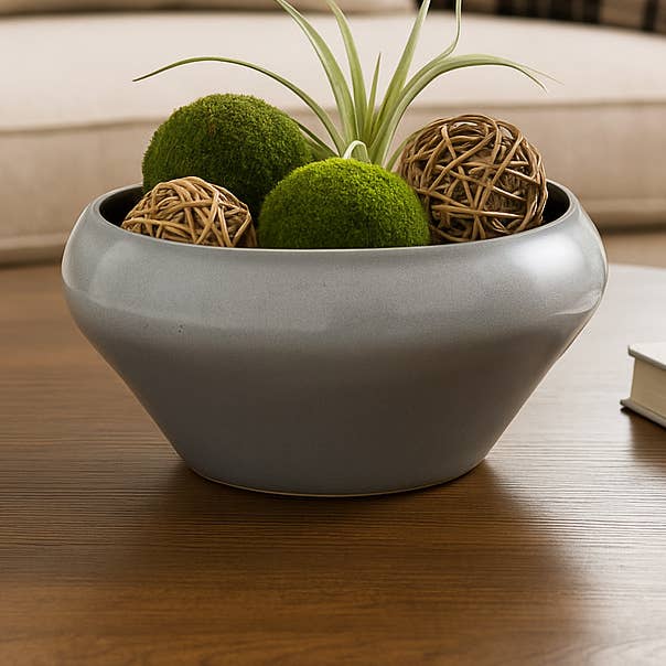 Decorative Bowl - Gray Ceramic Glazed Centerpiece, 13 in.