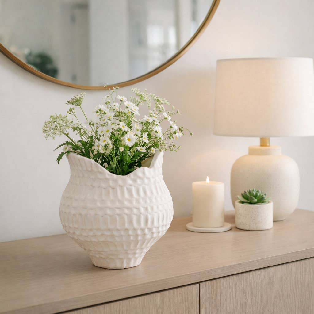 Decorative Vase - Ivory Ceramic Artisan Textured, 12 in.