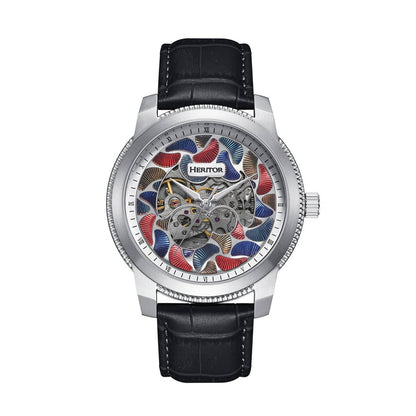 Heritor Emmanuel Men's Automatic Semi-Skeleton Leather Watch, Silver/Black