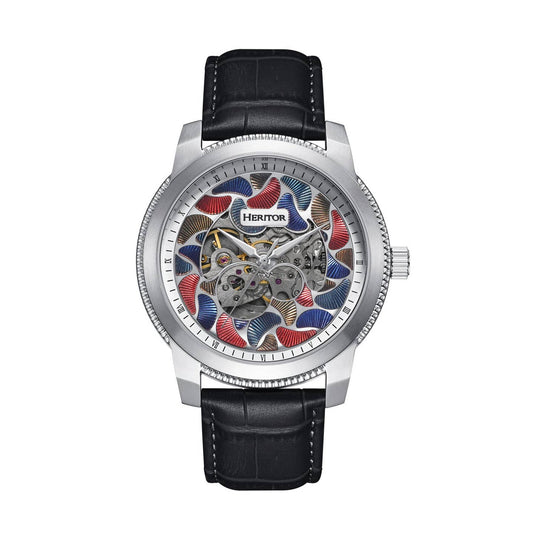 Heritor Emmanuel Men's Automatic Semi-Skeleton Leather Watch, Silver/Black
