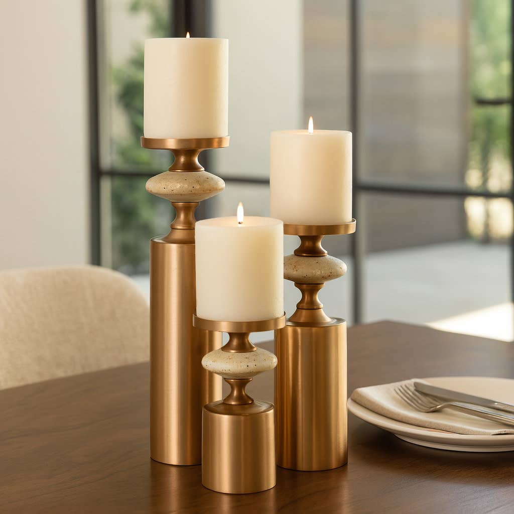 Candle Holder Set of 3 - Gold Metal Travertine, 9/12/16 in.