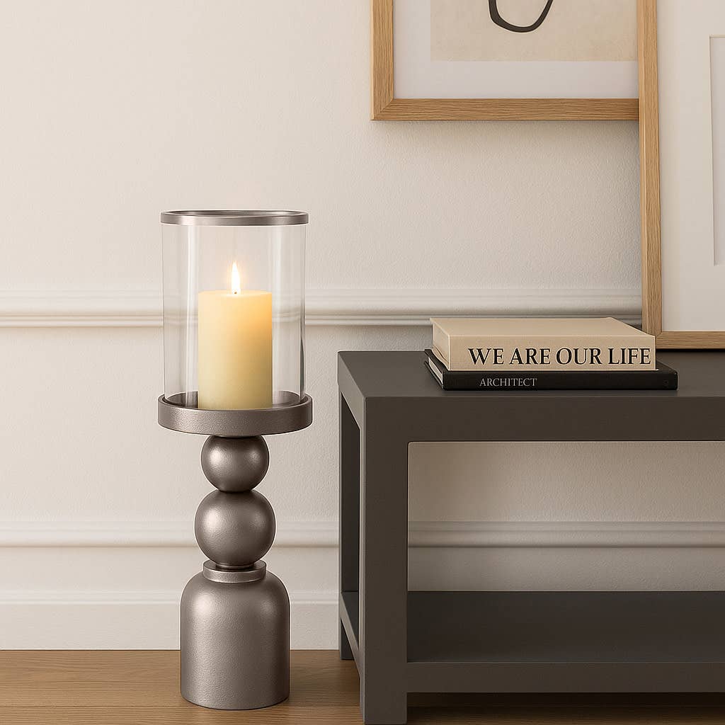 Candle Holder - Silver Metal Removable Hurricane, 32 in.