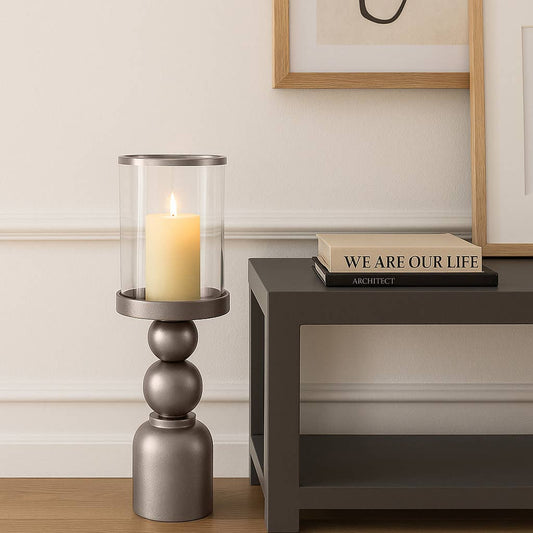 Candle Holder - Silver Metal Removable Hurricane, 32 in.