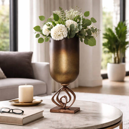 Decorative Vase - Bronze Glass Urn with Metal Stand, 19 in.