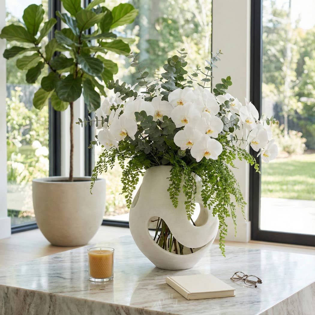 Decorative Vase - White Resin Sculptural Cutout, 14 in.