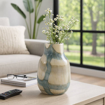 Decorative Vase - Blue/Tan Glass Sculptural Two Tone, 10 in.