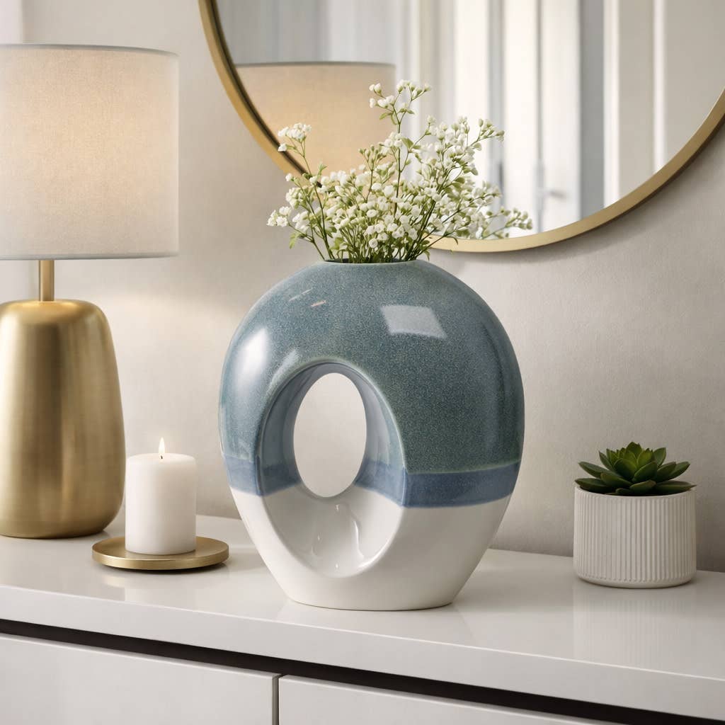 Decorative Vase - Blue Ceramic Round Hollow Design, 14 in.