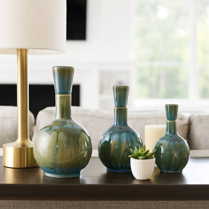 Bottles Set of 3 - Green Ceramic Glazed Flower, 9/12/14 in.