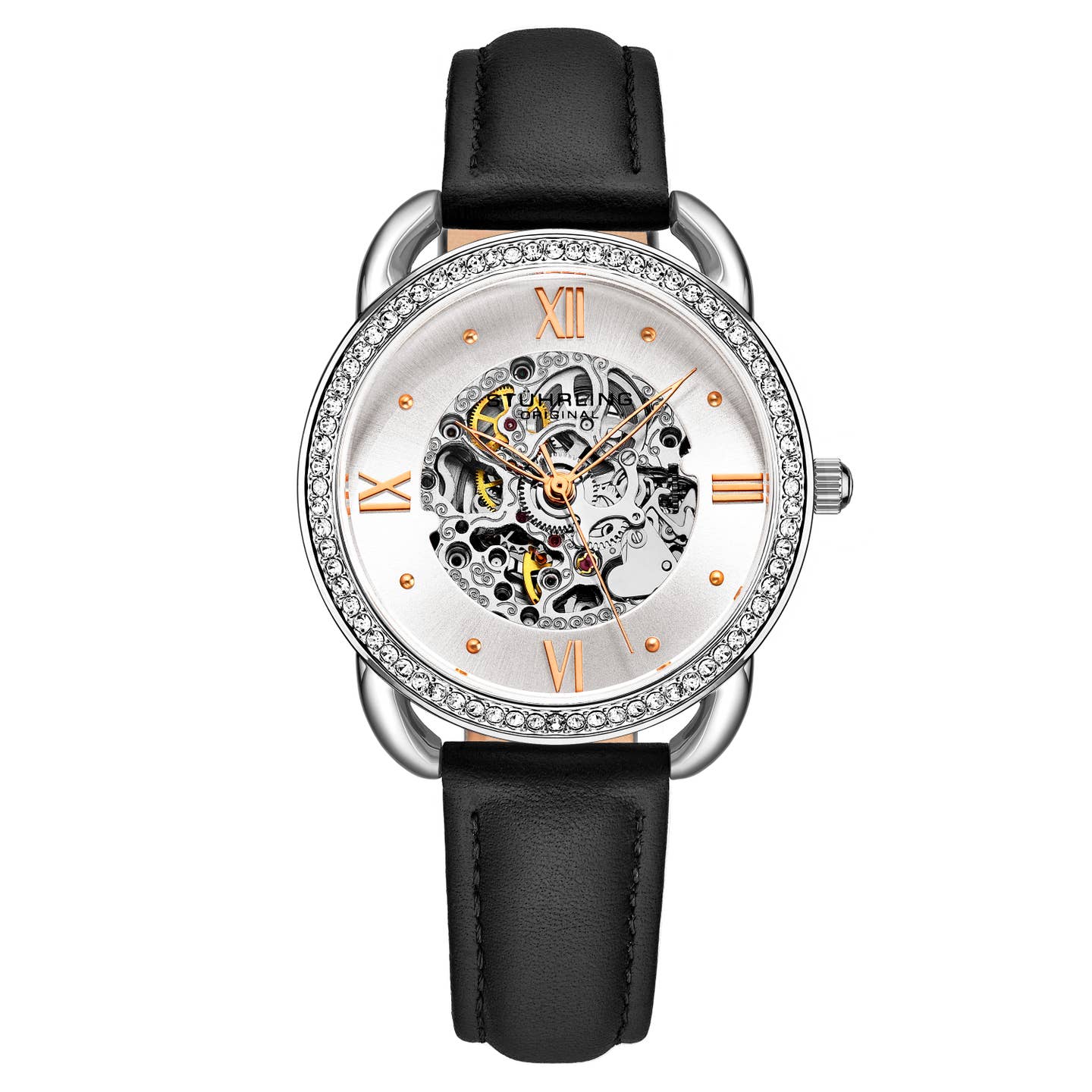 Stuhrling Original Model 3991 Women's Automatic Watch, 36mm, Silver Dial, Black Leather Strap, Skeleton Dial