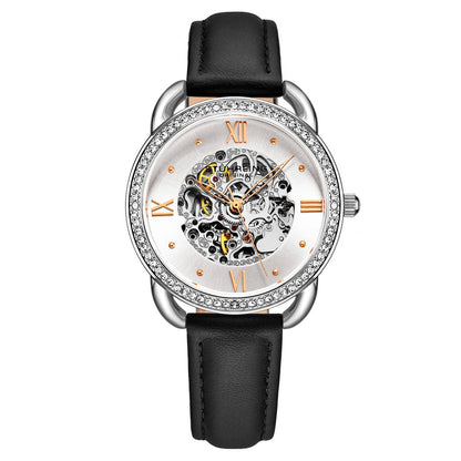 Stuhrling Original Model 3991 Women's Automatic Watch, 36mm, Silver Dial, Black Leather Strap, Skeleton Dial