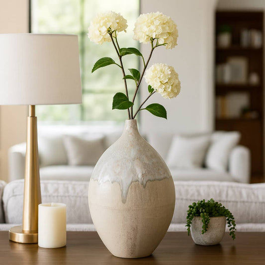 Decorative Vase - Cream Ceramic Textured Glossy, 18 in.