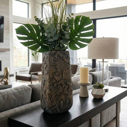 Decorative Vase - Bronze Ceramic Geometric Textured, 17 in.