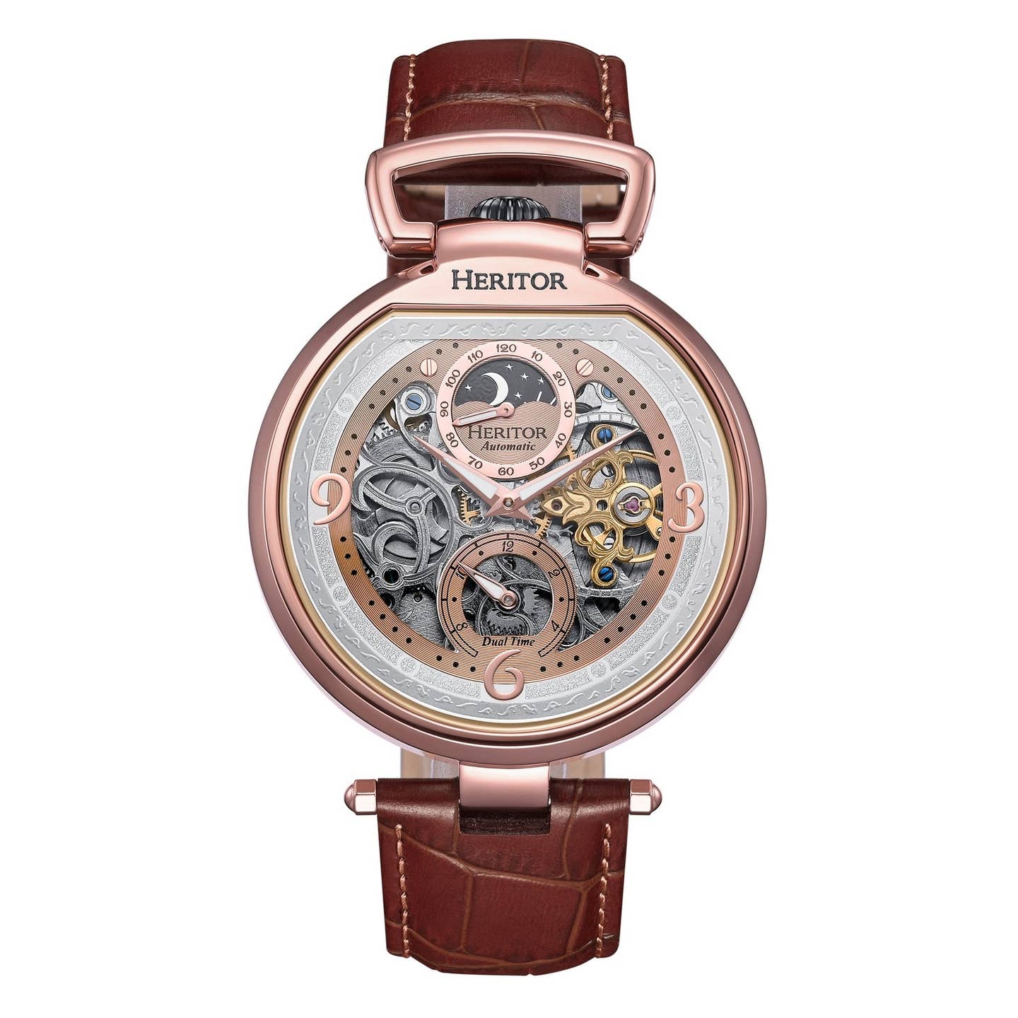 Heritor Lincoln Men's Automatic Semi-Skeleton Leather Watch, Bronze/Brown