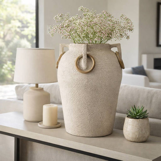 Decorative Vase - Ivory/Tan Pottery Round Large, 19 in.