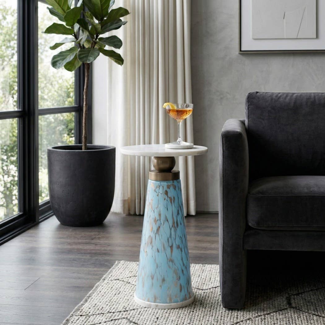 Side Table - Brown/Amber Marble Top with Pedestal, 21 in.