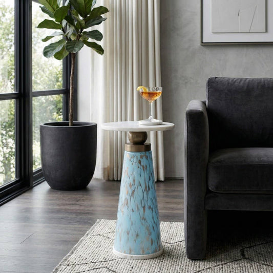 Side Table - Brown/Amber Marble Top with Pedestal, 21 in.