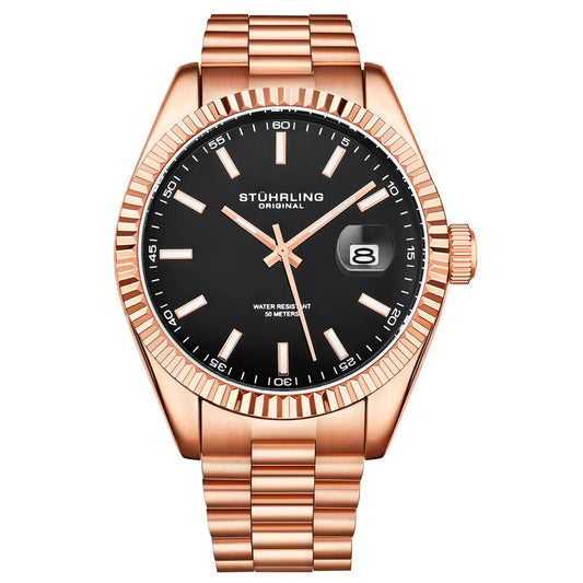 Stuhrling Original Lineage Men's Quartz Classic Watch, 42mm, Black Dial, Rose Gold-Tone Bracelet