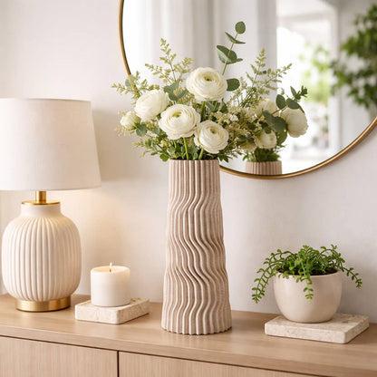 Decorative Vase - Tan Porcelain 3D Printed Textured, 17 in.
