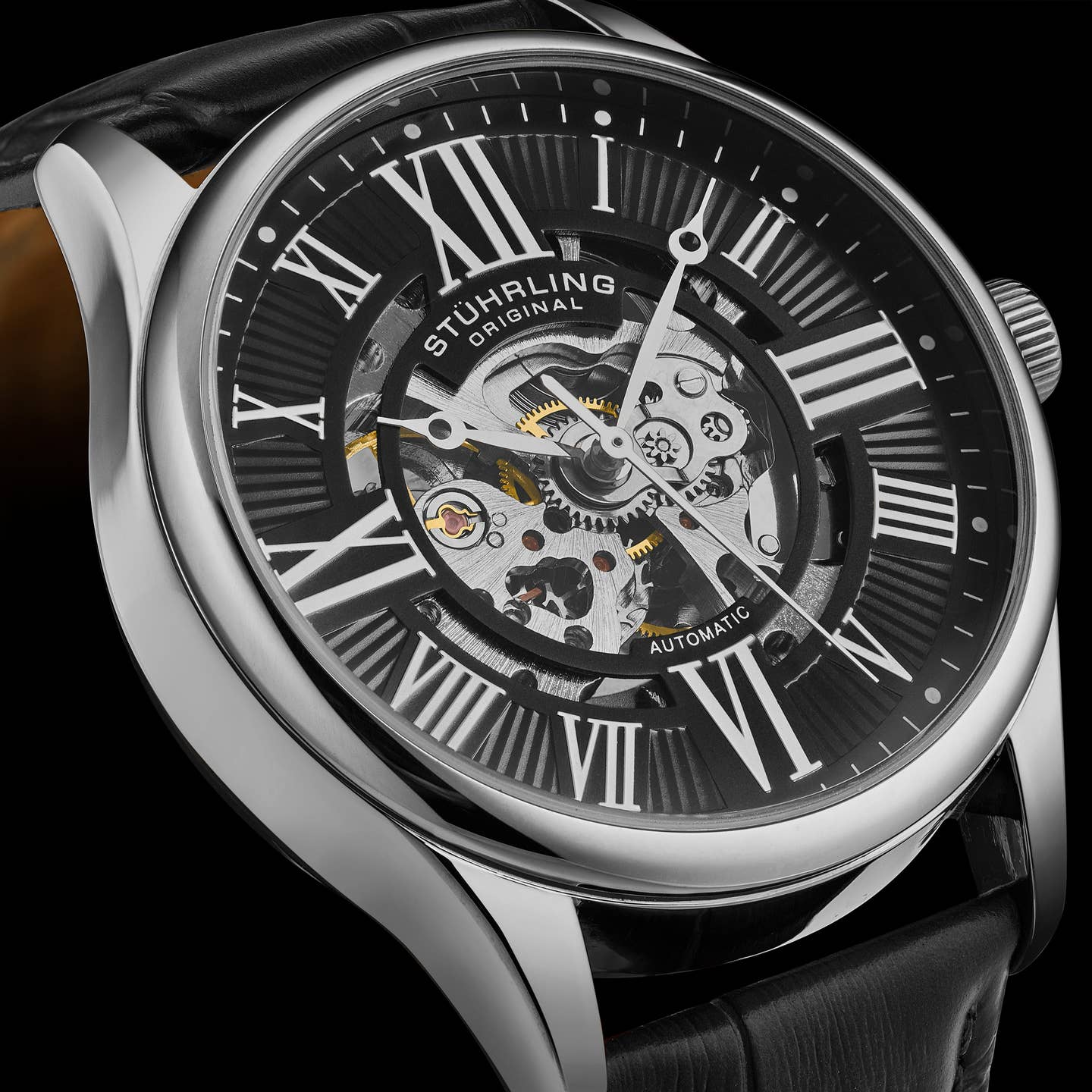 Stuhrling Original Atrium Men's Automatic Skeleton Watch, 42mm, Black Alligator Embossed Genuine Leather Strap