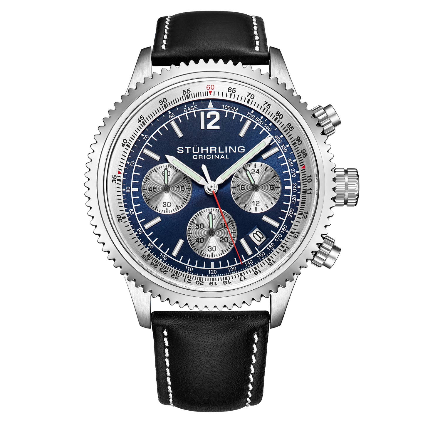 Stuhrling Original Monaco Men's Chronograph Watch, 44mm, Blue Dial, Black Leather Strap With White Contrast Stitching