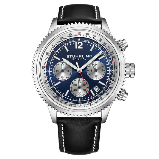 Stuhrling Original Monaco Men's Chronograph Watch, 44mm, Blue Dial, Black Leather Strap With White Contrast Stitching