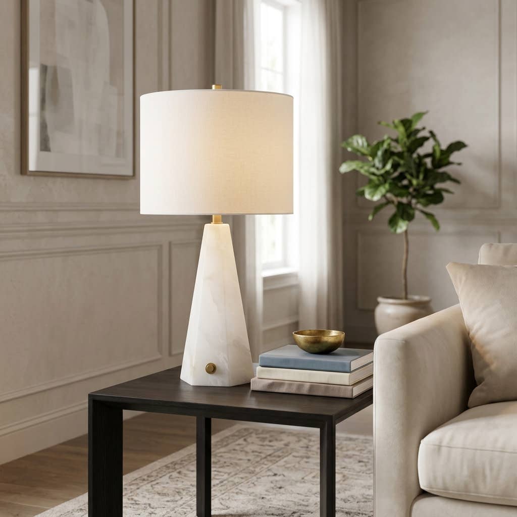 Table Lamp - White Stone Base with Geometric Design, 26 in.