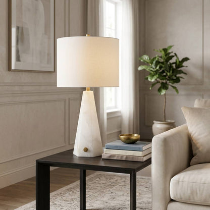 Table Lamp - White Stone Base with Geometric Design, 26 in.