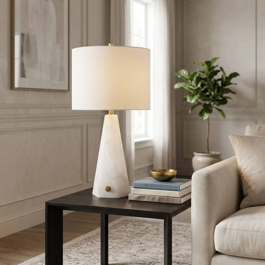 Table Lamp - White Stone Base with Geometric Design, 26 in.