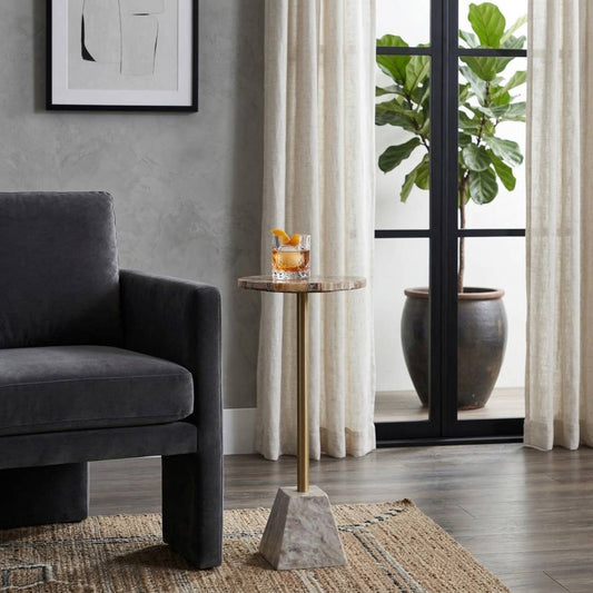 Side Table - Gold Marble Top Metal Pedestal Base, 24 in.