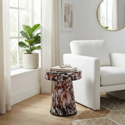 Side Table - Brown Glass Metal Artistic Pattern, 19 in.