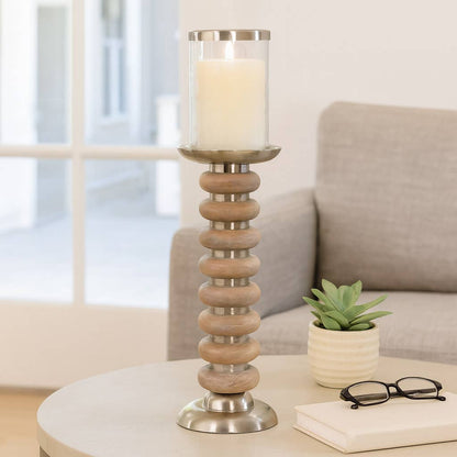 Candle Holder - Tan Pillar with Wood Ring Base, 20 in.