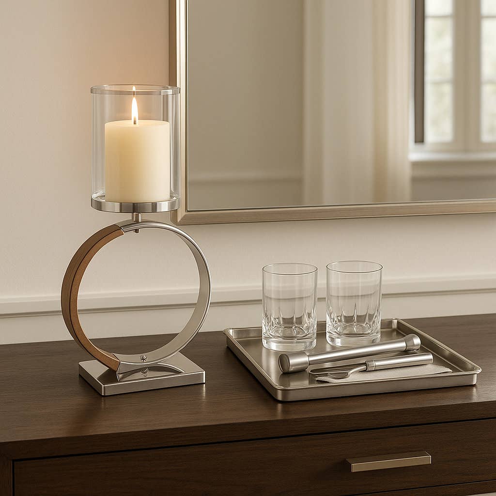 Candle Holder - Silver Metal Ring Large Hurricane, 22 in.