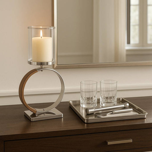 Candle Holder - Silver Metal Ring Large Hurricane, 22 in.