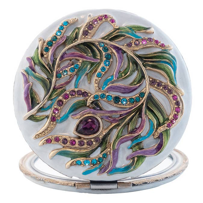 Jay Strongwater Rowan Classic Peacock Compact Mirror, Swarovski Crystal Enamel Gold-Finished