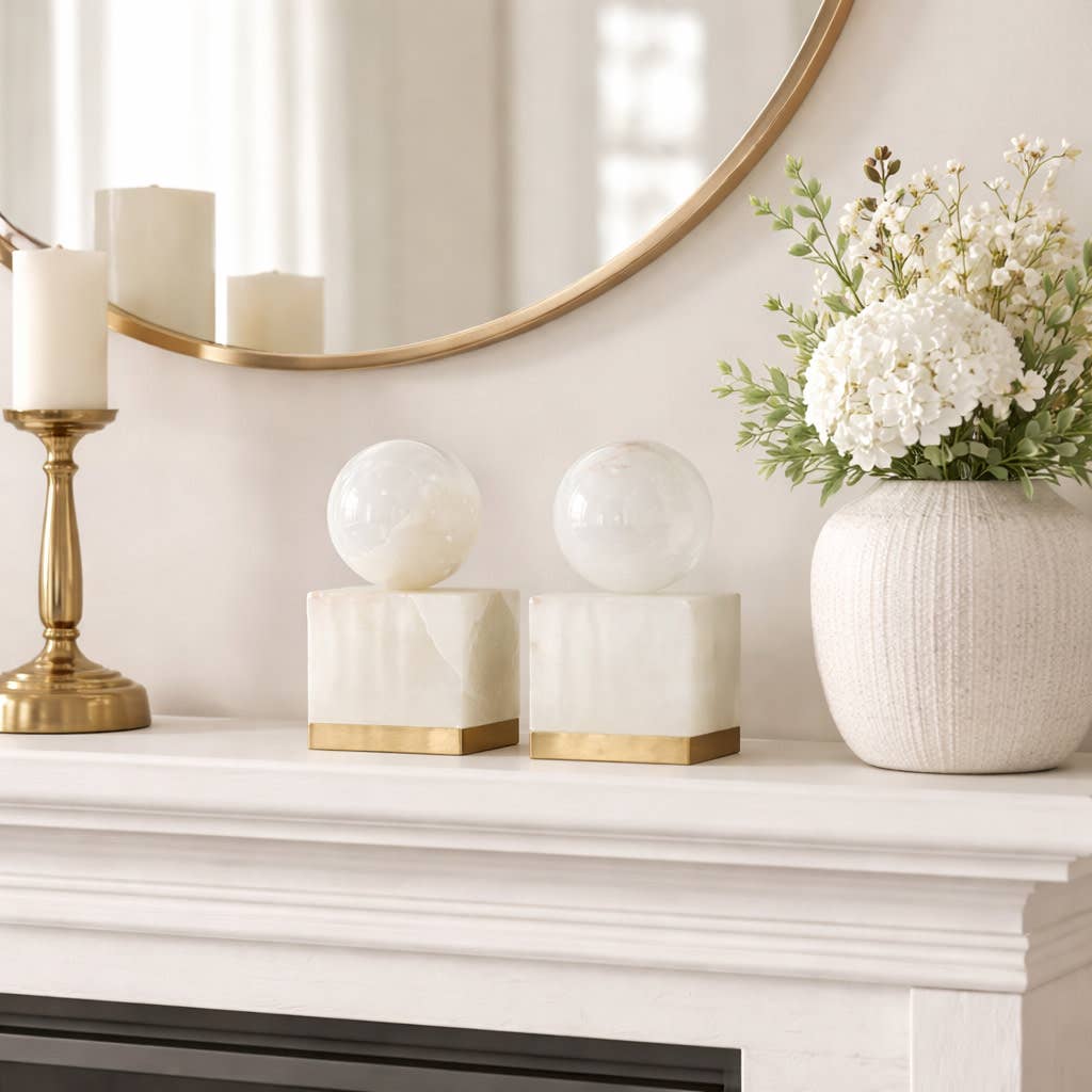 Sculptures Set of 2 - White Marble Orb On Metal Base, 6 in.