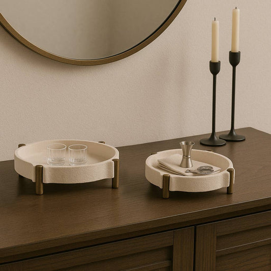 Decorative Trays Set of 2 - Beige Metal Stylish, 11/14 in.