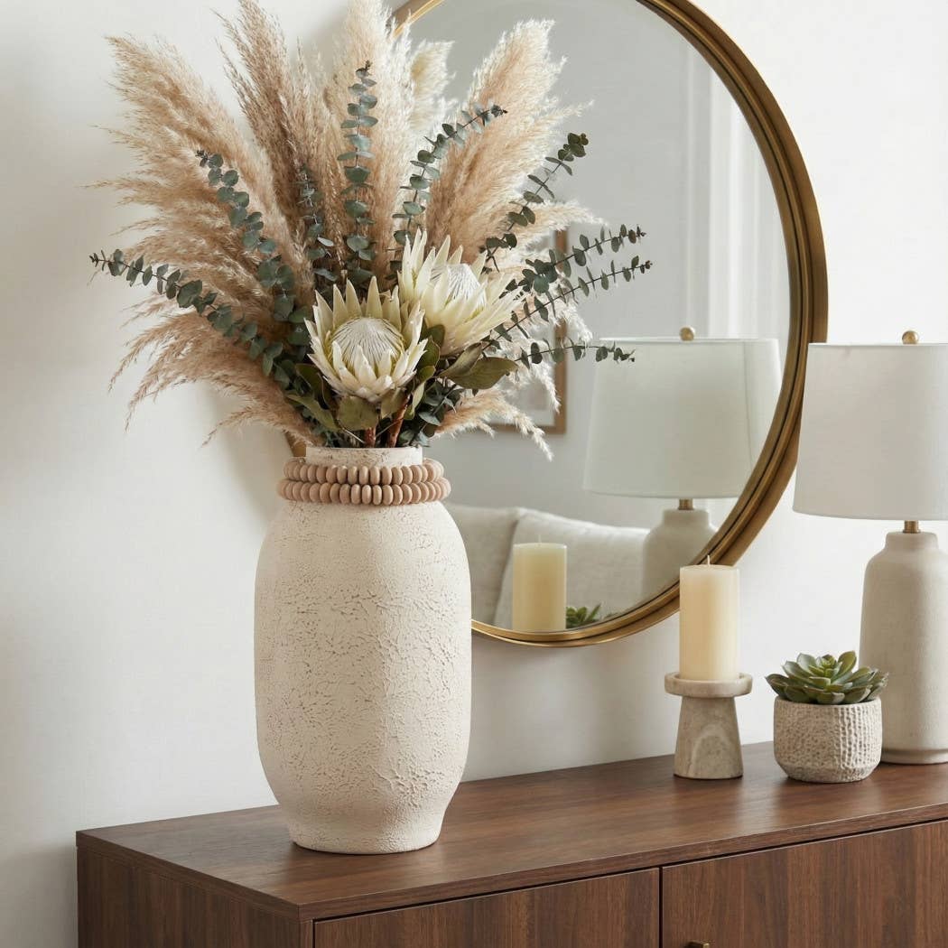 Decorative Vase - Ivory Wood Textured Surface, 16 in.