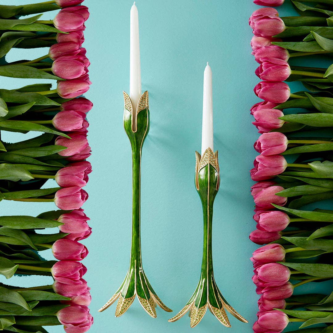Jay Strongwater Abraham Tulip Green Candlestick Holder, Leaf Swarovski Crystal Enamel Gold-Finished