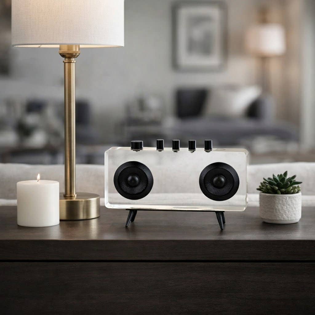 Sculpture - Black and White Metal Acrylic Radio, 5 in.